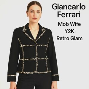 Giancarlo Ferrari Women's 12 Black Leopard Trim Mod Wife Blazer Retro‎ Glam Y2K